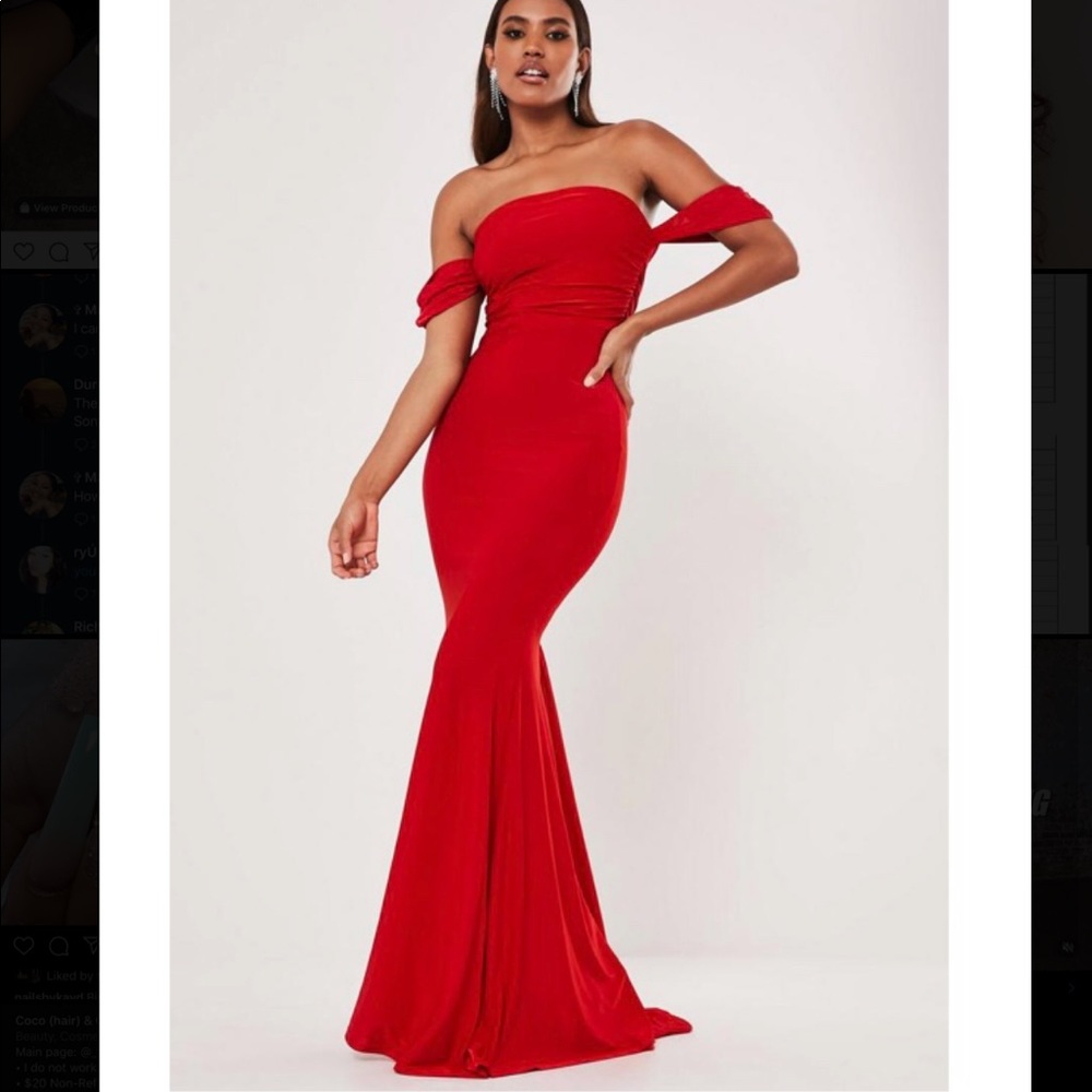 Red slinky Bardot fishtail maxi dress